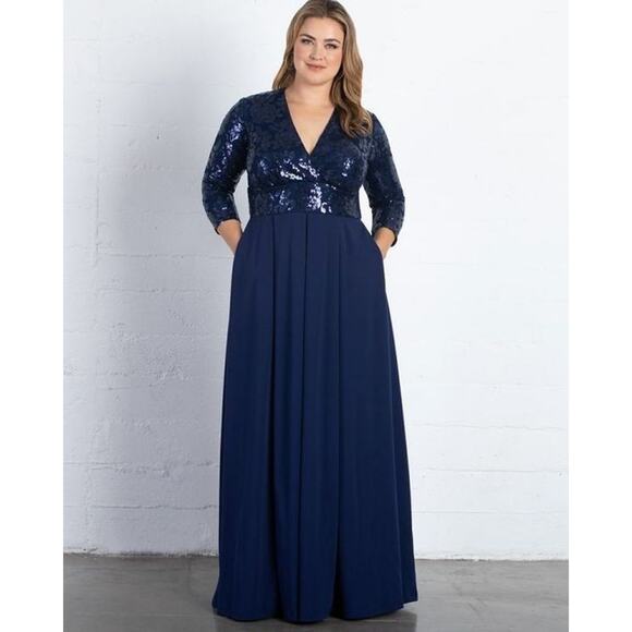 Kiyonna Dress Maxi 2X Navy Blue Paris Pleated Sequin Gown Pockets Formal Lined - Picture 1 of 8